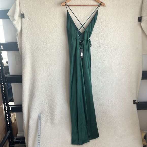 Lulus Fondly Loved Dark Green Satin Wrap Maxi Dress Womens XS - Picture 8 of 11